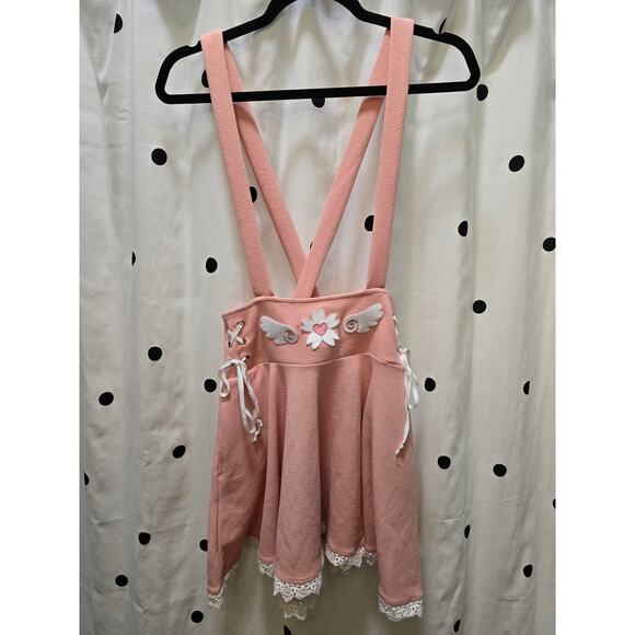 Light pink Midnight Hour Sakura mini suspender skirt lace trim corset ties M - Picture 9 of 10